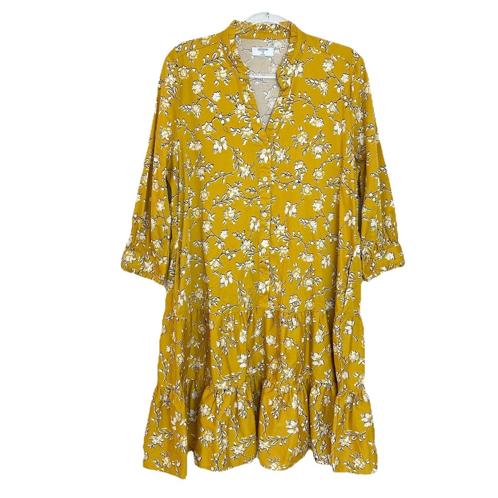 UNTUCKit Jane Floral Shirt‎ Dress Sz 14 Marigold Yellow Tiered Romantic Cottage